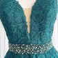 V Neck Dark Green Lace Prom Dresses, Dark Green Lace Formal Evening Dresses    fg1729