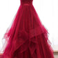 A Line Spaghetti Straps Sparkly Red Tulle Prom Dresses     fg3088