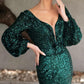 Sparkly Green Long Sleeve Evening Dresses.charming V-Neck Backless Mermaid Formal Evening Gowns      fg2560