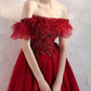 Burgundy Off The Shoulder Knee Length Homecoming Dress With Beading, A Line Dress     fg2553