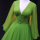 Green A Line Long Prom Dresses, V Neck Green Tulle Long Formal Evening Dresses    fg2229