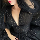 Black Tulle lace dress Black Dress Womens glitter Dress V-neckline Puff Sleeve Party Dress     fg2974