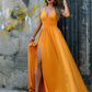 Halter Sweetheart A Line Side Slit Backless Long Gold Prom Dresses     fg3069
