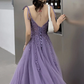 Lavender a line v neck sleeveless appliques lace sweep train Prom Dresses    fg2516
