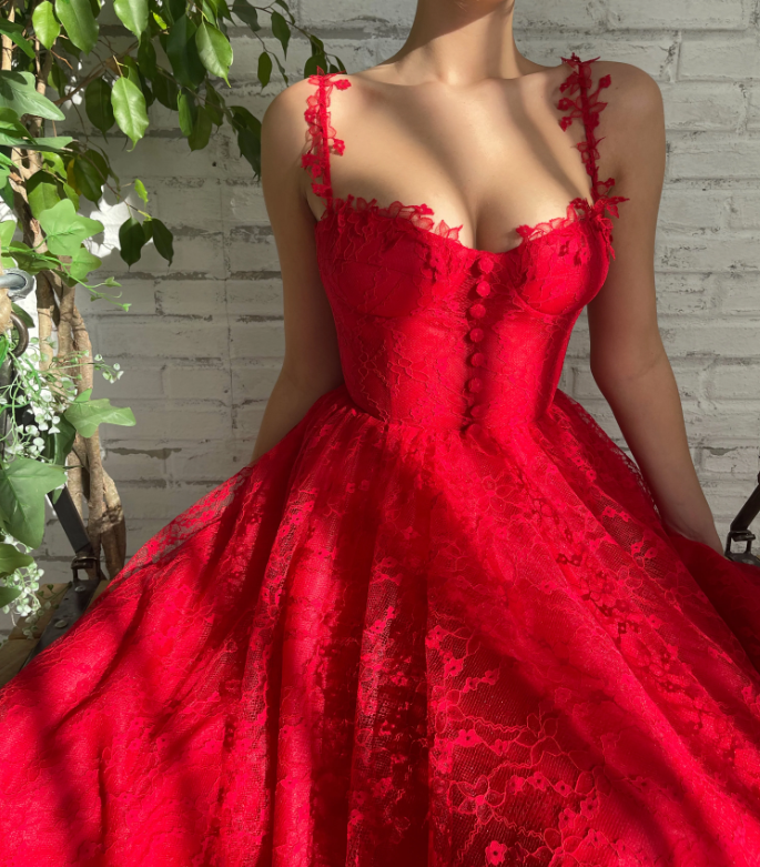 Rotes Spitzen-Party-Ballkleid aus Tüll für Sweet 16-Abende fg3288