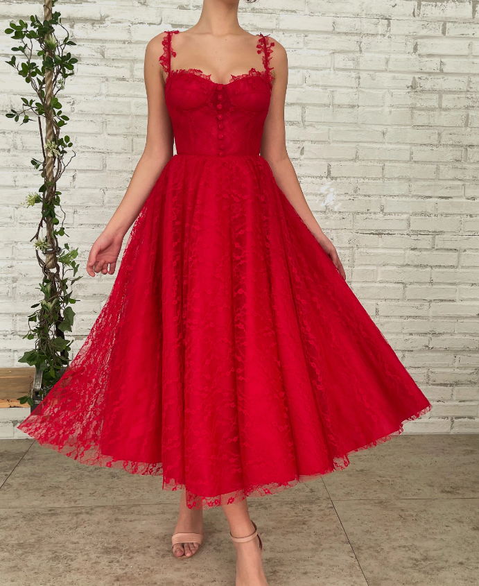 Rotes Spitzen-Party-Ballkleid aus Tüll für Sweet 16-Abende fg3288
