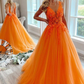 Gorgeous Orange V-Neck Floral Tulle Long Prom Dress    fg3198