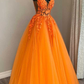 Gorgeous Orange V-Neck Floral Tulle Long Prom Dress    fg3198