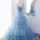 BLUE TULLE LONG A LINE PROM DRESS BLUE EVENING DRESS     fg234