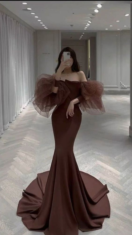 Simple Mermaid Prom Dress Strapless Evening Dress Tulle Sleeves       fg450