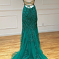 Open Back Green Mermaid Lace Prom Dresses, Backless Green Mermaid Lace Formal Evening Dresses        fg569
