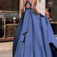 Elegant Strapless Sleeveless Evening Dress A-Line Blue Satin Criss-Cross Sashes Prom Dress      fg983
